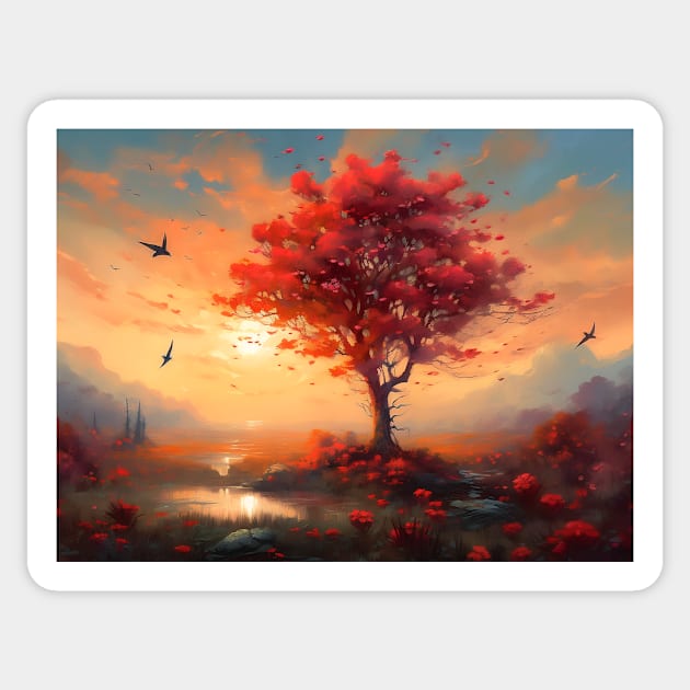 Spring landscape with a single flowering tree. Sticker by osadchyii